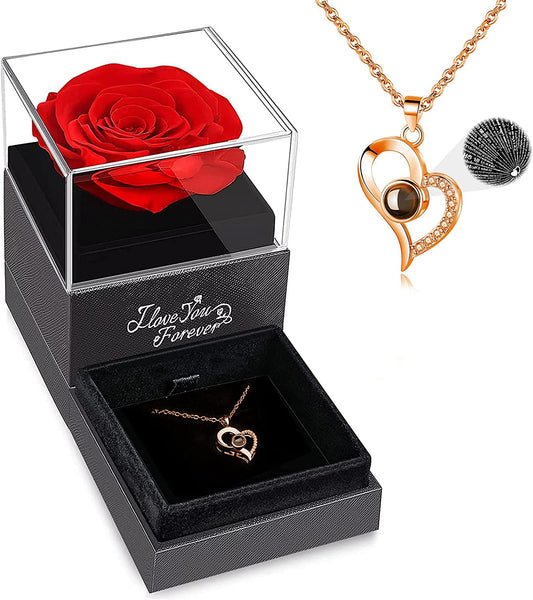 Preserved Real Rose with I Love You Necklace, Valentines Day Gifts for Her, Forever Flowers Gifts for Women, Mom, Wife and Girlfriend, Anniversary Birthday Gifts for Women